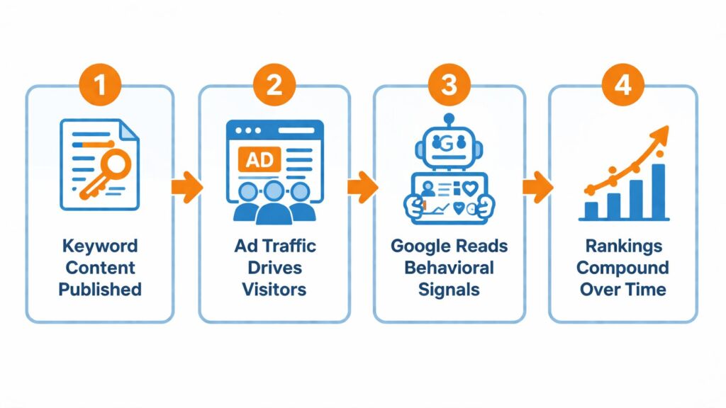 Four step process diagram showing how Nico SEO's handcrafted SEO and Meta ads system works, step one keyword content published, step two ad traffic drives visitors, step three Google reads behavioral signals, step four rankings compound over time, illustrating the compounding SEO and paid social strategy used for local businesses ecommerce brands and national companies