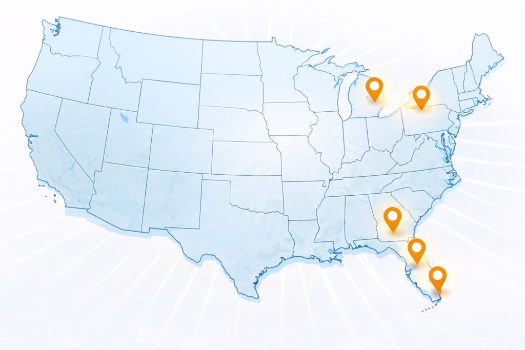 Illustrated map of the United States showing Nico SEO service areas with location pins marking Buffalo and Erie County New York, Rochester New York, Tampa and Hillsborough County Florida, Clearwater and Pinellas County Florida, and Bradenton and Manatee County Florida, with national SEO coverage across the entire United States for local businesses, ecommerce brands, B2B manufacturers, and national companies